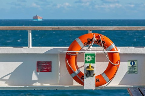 Ferry, container ship, sea, North Sea, lifebuoy, near Dover, Kent, England, Great Britain