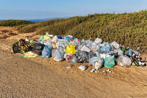 Mountain of rubbish, rubbish bags, plastic waste and old glass in front of a dune landscape by the