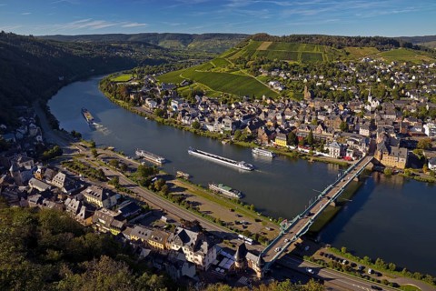 Elevated view of the Moselle, Traben-Trarbach, Middle Moselle, Rhineland-Palatinate, Germany,