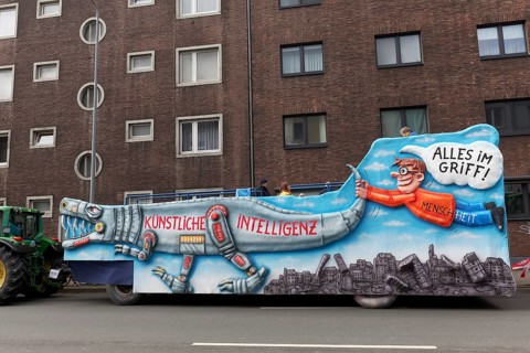 Float on the theme of artificial intelligence, AI, Rose Monday parade Düsseldorf, North