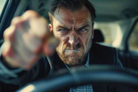 Angry, unnerved, aggressive, screaming man sitting behind the steering wheel and gesticulating