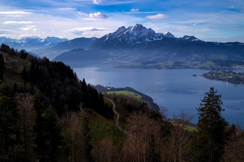 View from Seebodenalp to Lucerne, Lake Lucerne, in the background Mount Pilatus and Central Swiss