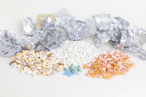 Empty blister packs with tablets of different colours and shapes, white background