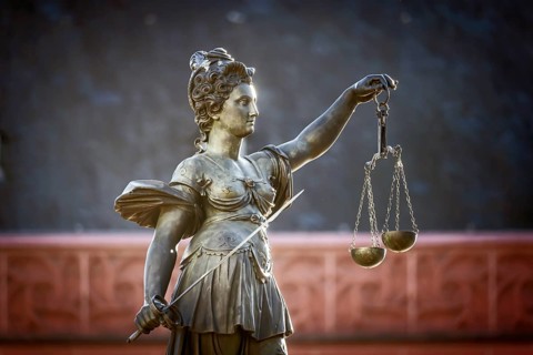 Justitia, Roman goddess of justice. Römerberg, city centre of Frankfurt am Main, Hesse, Germany,