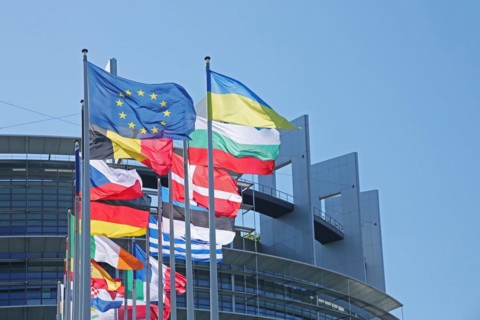 National flags at the EU Parliament, flags, Ukrainian, flagpole, European, European, European