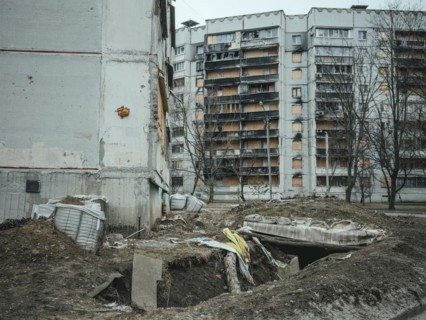 Trench and destroyed residential buildings, Severno Saltivka, Kharkiv, Ukraine, Europe