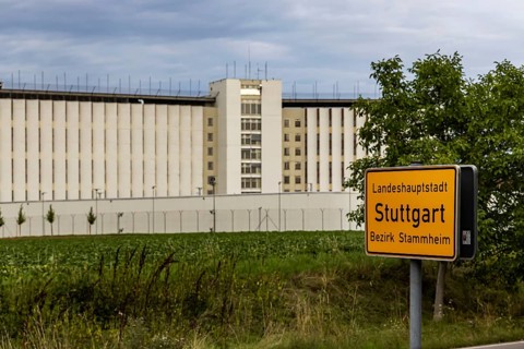 Stammheim Prison, JVA, exterior view of the maximum security prison with prison wall, Stammheim