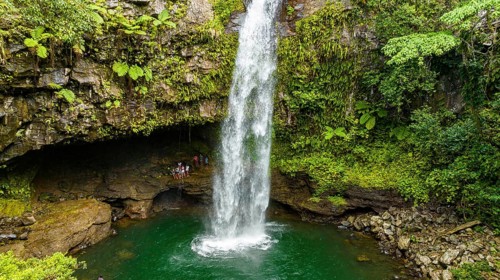 Aerial of the Tavoro Falls, Bouma National Park, Taveuni, Fiji, South Pacific, Oceania