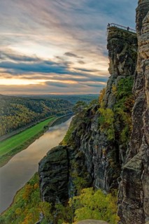 Evening mood, sunset, view to the new Basteiaussicht and the river Elbe, Lohmen, Saxon Switzerland,