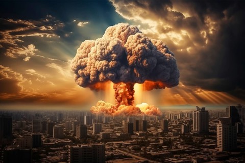 Nuclear blast and mushroom cloud in a city skyline. The explosion is destroying buildings and
