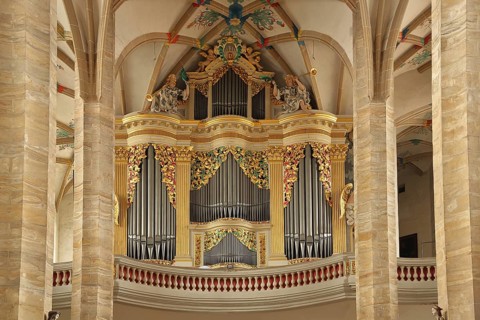 Gottfried Silbermann organ in St. Mary's Cathedral, Romanesque, interior view, gallery, Silbermann