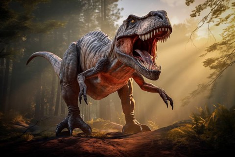 Tyrannosaur rex roaring in a prehistoric forest with lush vegetation, ferns and sunlight, AI