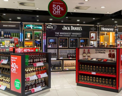 Jack Daniel's and other alcohol brands on display at duty free shopping, South Terminal, London