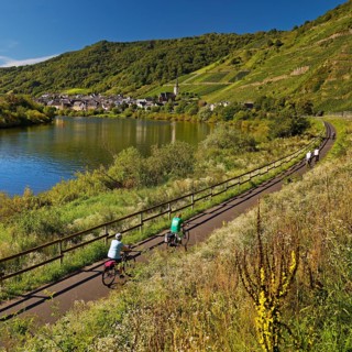 Cyclists on the Moselle cycle path with a view of the village of Bremm, Rhineland-Palatinate,