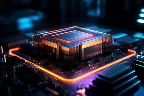 Close-up of a computer processor chip CPU on a motherboard with glowing neon lights. The chip is