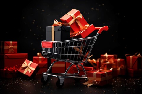 A black Friday Sale concept, black present boxes with red ribbons in shopping cart on a black