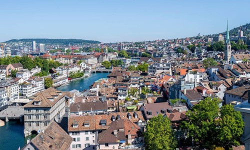 View over the old town of Zurich with the river Limmat, from the tower of the Grossmünster, Zurich