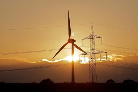 Sunset behind clouds, wind power station, high-voltage pylon, Melbeck, Ilmenau joint municipality,