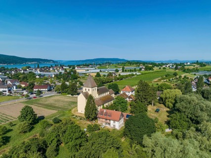 Aerial view of Reichenau Island with St. George's Church, Oberzell, Reichenau, UNESCO World