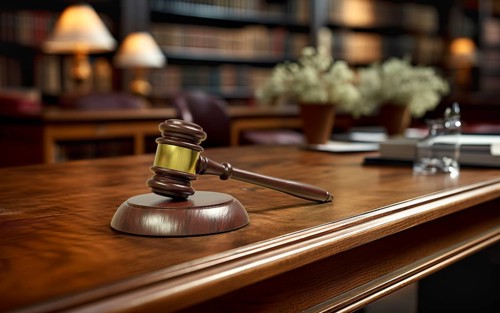 Gavel resting on a desk inside a law office