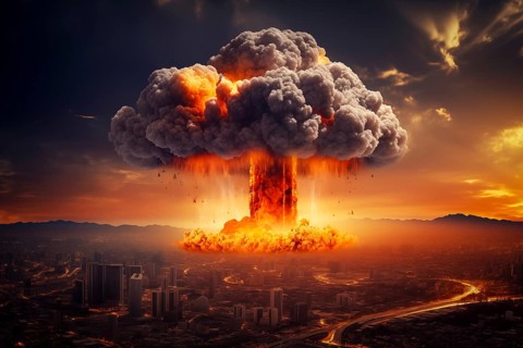 Nuclear blast and mushroom cloud in a city skyline. The explosion is destroying buildings and