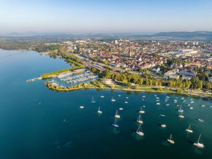 Aerial view of the town of Radolfzell on Lake Constance with the WÃ¤schbruck harbour, harbour pier