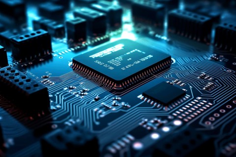 Close-up image of a blue circuit board with a central microchip processor CPU with various