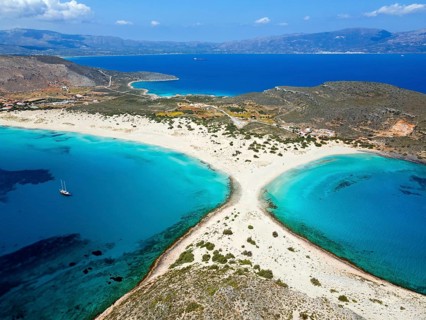 Drone shot, double bay of Simos beach, Sarakiniko beach, Elafonisos, Deer Island, Laconia,