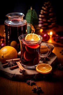 Glass of traditional mulled wine with orange and cranberry garnishes on a cozy Christmas table. The
