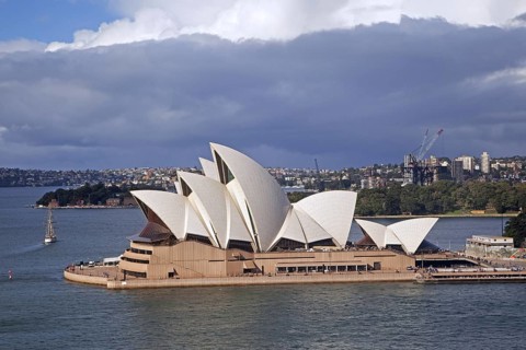 Heavy rain clouds over the Sydney Opera House, performing arts centre in Sydney, New South Wales,