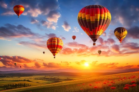 A colorful hot air balloons floats in sky over a blooming field meadow of flowers landscape at