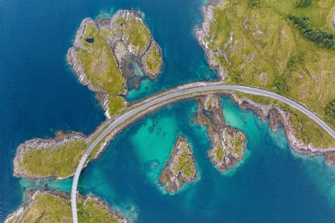 Road over small islands, archipelago islands, Heroy island, Helgeland coast, Nordland, Norway,