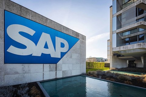Logo and building of the listed software company SAP, headquarters in Walldorf, Baden-Württemberg,