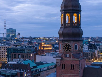 Aerial view main church St. with television tower Heinrich Hertz-Turm at blue hour, Hamburg,