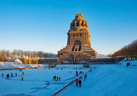 Monument to the Battle of the Nations on a winter's day with snow, Leipzig, Saxony, Germany, Europe