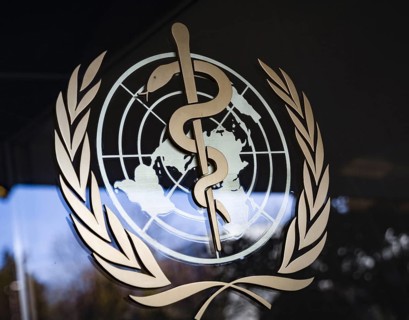 The logo of the World Health Organisation (WHO), taken at the organisation's headquarters in Geneva