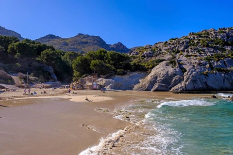 Cala de Sant Vicenc beach and Cape Formentor, Pollença, Serra de Tramuntana, Majorca, Balearic