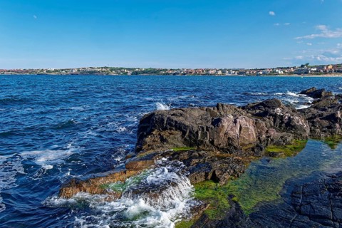 Rocks in the Black Sea in the Bay of Burgas near Sozopol. Bulgaria, Southeast Europe