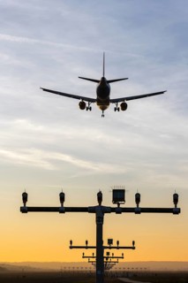 Aeroplane approaching, runway lighting, evening mood, Stuttgart-Echterdingen Airport,
