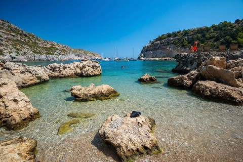 Beach umbrellas and sunbeds, turquoise waters, Anthony Quinn Bay, Faliraki, Rhodes, Dodecanese,
