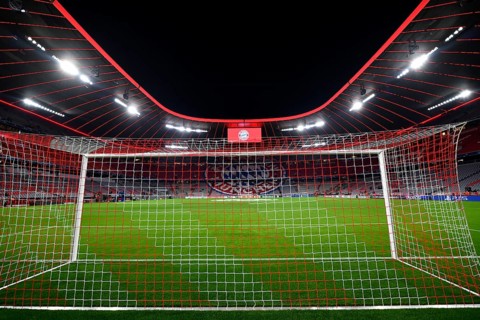 CL, Champions League evening, Allianz Arena, interior, goal net, scoreboard, pitch, empty, Munich,