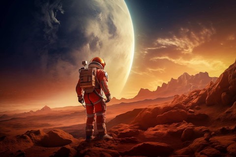 Future space travel mission to Mars, Astronaut in an orange suit walking on the surface of Mars