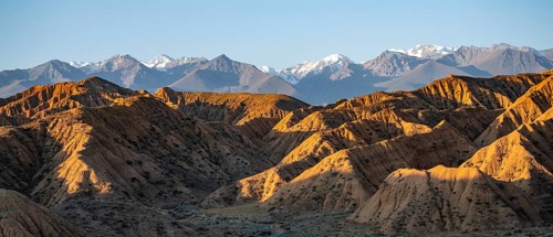 Landscape of eroded hills at sunrise, badlands, white mountain peaks of the Tian Shan Mountains in