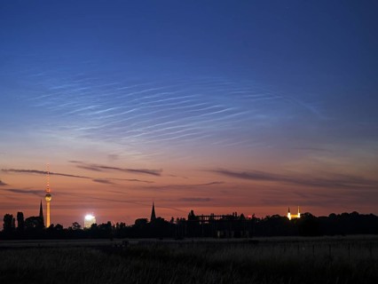 Glowing Night Clouds, Noctilucent Clouds over Berlin with TV Tower, Berlin, Germany, Europe