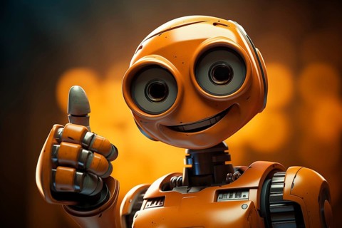 Orange robot showing a thumbs up gesture. The friendly robot has big round eyes and a friendly