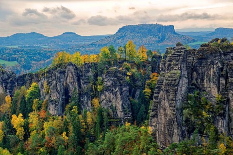 View from the Ferdinandstein to the rock castle Neurathen, Bastei, Lohmen, Saxon Switzerland, Elbe