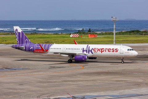 An Airbus A321 aircraft of HK Express with the registration B-LEB at Okinawa Airport (OKA) in Naha,