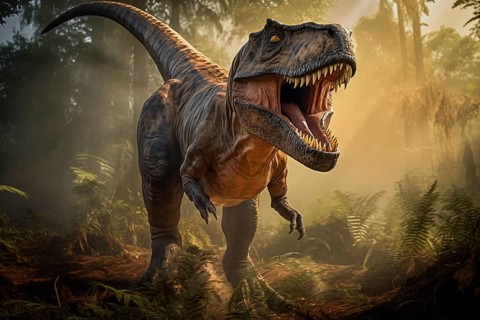 Tyrannosaur rex roaring in a prehistoric forest with lush vegetation, ferns and sunlight, AI