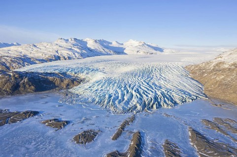 Aerial view over ice tongue Falljökull in winter, one of many outlet glaciers of Vatnajökull, Vatna
