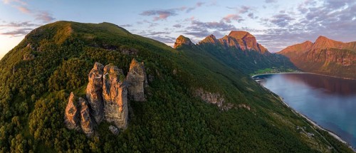 View of Finnesjura rock formation and Finnesfjellet mountain, Finnes, Helgeland coast, Bodo,